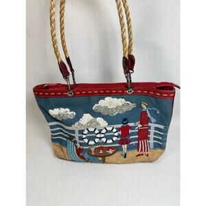 Vintage Isabella Fiore Let's Cruise Leather/Canvas Beaded Tote Bag